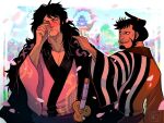  2boys black_hair blush closed_mouth crying facial_hair goatee japanese_clothes katana kinemon long_hair male_focus momonosuke_(one_piece) multiple_boys one_eye_closed one_piece open_mouth short_hair shuravf smile sword weapon 