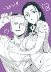  ! !! 1boy 1girl black_hair earrings eyewear_on_head h0h0ti hand_on_another&#039;s_arm heart highres jewelry long_hair looking_at_viewer monochrome nico_robin one_eye_closed one_piece open_clothes purple_background roronoa_zoro scar scar_across_eye scar_on_chest short_hair single_earring smile sunglasses teeth 