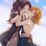  2girls blush brown_hair character_request cloud cloudy_sky couple inuko_(ink0425) long_hair multiple_girls open_mouth sky smile volcano_princess_(game) yuri 