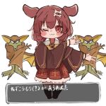  1girl ;3 absurdres animal_ears blush blush_stickers bone_hair_ornament bow bowtie braid brown_cape brown_eyes brown_hair cape character_request chibi dialogue_box dog_ears double-parted_bangs hair_between_eyes hair_ornament hairclip highres hololive inugami_korone inugami_korone_(2nd_costume) long_hair looking_at_viewer low_twin_braids low_twintails official_alternate_costume one_eye_closed parody_request paw_ornament plaid plaid_bow plaid_bowtie red_skirt shirt skirt translation_request twin_braids twintails user_interface virtual_youtuber whcamellia00 white_shirt yellow_bow yellow_bowtie 