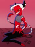  anthro clothed clothing demon digital_media_(artwork) fan_character hair helluva_boss hi_res hooves horn imp looking_at_viewer male prismanoodle_(artist) red_body simple_background smile solo spots tail teeth terry_(prismanoodle) tight_clothing white_hair white_spots yellow_eyes 