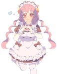 1girl absurdres anyadesu_yo apron black_dress bow bowtie breasts closed_mouth commentary_request dragon_girl dragon_horns dress drill_hair feet_out_of_frame foot_up frilled_apron frills heart heart_hands heart_hands_duo highres horns huge_breasts ilulu_(maidragon) kobayashi-san_chi_no_maidragon long_hair maid_apron maid_headdress pantyhose puffy_short_sleeves puffy_sleeves red_bow red_bowtie red_eyes red_hair scrunchie short_sleeves simple_background smile solo twintails very_long_hair white_apron white_background white_pantyhose wrist_scrunchie 