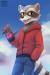  anthro artist_name blue_bottomwear blue_clothing blue_pants blue_sky bottomwear brown_eyes cheek_tuft clothed clothing cloud facial_tuft fangs fur gesture glistening glistening_eyes grey_body grey_fur hand_in_pocket hi_res hoodie kuttoyaki looking_at_viewer male mammal open_mouth open_smile pants pockets procyonid raccoon red_clothing red_hoodie red_tongue red_topwear sky smile solo standing teeth tongue topwear tuft waving waving_at_viewer whiskers 