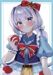  1girl absurdres amane_kanata apple belt belt_buckle buckle food fruit grey_hair hair_ribbon highres hololive iry_illust low_twintails multicolored_hair puffy_short_sleeves puffy_sleeves purple_eyes ribbon short_sleeves snow_white streaked_hair twintails 