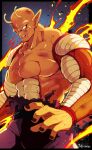  1boy abs antennae artist_name bb_m0024 biceps black_border black_nails blood blood_from_mouth border clenched_teeth collarbone colored_skin commentary_request dragon_ball dragon_ball_super dragon_ball_super_super_hero energy fingernails fire highres looking_away male_focus muscular muscular_male namekian orange_piccolo orange_skin outside_border pants pectorals piccolo pointy_ears purple_pants red_eyes scratches solo sweat teeth topless_male torn_clothes twitter_username v-shaped_eyebrows 