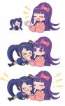  &gt;_&lt; 2girls :d ^_^ black_gloves blue_hair blunt_bangs blush bow braid braided_bangs closed_eyes closed_mouth commentary_request cropped_torso detached_sleeves facing_another galala_s_leep gloves hair_bow hanazono_shuuka hand_up hat headphones highres idol_time_pripara korean_commentary long_hair looking_at_another mini_hat multiple_girls multiple_views notice_lines ok_sign open_mouth pink_bow pink_sleeves ponytail pretty_(series) pripara puffy_short_sleeves puffy_sleeves purple_eyes purple_hair sequential short_sleeves simple_background smile star_(symbol) sururufu twintails upper_body v-shaped_eyebrows white_background 