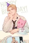  1boy birthday_cake blonde_hair blue_eyes cake cellphone character_doll cheekbones dated diamond_wa_kudakenai food fork half-closed_eyes happy_birthday hat head_rest highres jojo_no_kimyou_na_bouken killerohan kira_yoshikage male_focus necktie party_hat phone smartphone solo_focus 