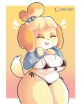  absurd_res animal_crossing anthro areola bikini biped breasts canid canine canis clothing domestic_dog eyes_closed female hi_res isabelle_(animal_crossing) mammal nintendo onigiri_punch smile solo swimwear yellow_body 