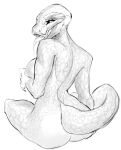  2023 anthro argonian bethesda_softworks big_breasts big_butt biped breasts butt covering covering_breasts female line_art looking_at_viewer looking_back looking_back_at_viewer monochrome nude pinup pose pupils scales scalie side_boob simple_background sitting slit_pupils solo spookyboi tail the_elder_scrolls tongue tongue_out white_background wide_hips 