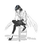  1boy arthropod_boy black_hair collared_shirt crown diamond_hairband dragonfly_wings elbow_rest fate/grand_order fate_(series) head_rest insect_wings kisaragi_kokoro_(hazuki) long_sleeves looking_at_viewer male_focus medium_hair oberon_(fate) oberon_(third_ascension)_(fate) shirt simple_background sitting solo white_background white_shirt wings 