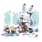  1girl 2others animal_ear_fluff animal_ears aqua_background arknights belt black_belt black_gloves blue_flower boots border breasts chibi cloak commentary dress english_commentary field flower flower_field frostnova_(arknights) full_body gloves grey_cloak grey_dress grey_eyes hair_ornament hair_over_one_eye hand_up highres medium_breasts multiple_belts multiple_others outdoors purple_flower rabbit_ears rabbit_girl scar scar_on_face scar_on_nose simple_background snow soppos torn_cloak torn_clothes tree white_background white_cloak white_footwear white_hair 