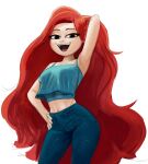  arm_behind_head blue_eyes chelsea_(ruby_gillman) crop_top denim hand_on_own_hip highres jeans keramagath non-web_source pants red_hair ruby_gillman:_teenage_kraken smile 