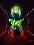  1girl bare_shoulders black_gloves black_hairband chain closed_mouth coat devil_summoner facing_viewer fur_coat geshi_era gloves green_coat green_hair green_necktie hairband highres long_sleeves necktie red_eyes ringo_(soul_hackers_2) short_hair_with_long_locks shorts smile solo soul_hackers soul_hackers_2 white_shorts 