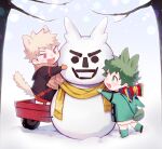  2boys :d adapted_costume aged_down all_might animal_ears bakugou_katsuki black_hood black_shirt blonde_hair blouse blurry blush bokeh boku_no_hero_academia branch brown_scarf character_snowman commentary_request depth_of_field eye_contact fangs freckles fringe_trim from_side full_body green_eyes green_footwear green_hair green_hood green_mittens green_shirt hand_up happy highres hooded_shirt leg_up long_sleeves looking_at_another male_child male_focus meltnotmelt midoriya_izuku multicolored_clothes multicolored_scarf multiple_boys open_mouth orange_mittens outdoors outstretched_arm rabbit_boy rabbit_ears rabbit_tail raised_eyebrows red_eyes red_shorts round_teeth scarf shirt short_hair shorts single_horizontal_stripe smile snowflake_print snowing snowman spiked_hair standing standing_on_one_leg striped striped_scarf tail tail_through_clothes teeth thai_commentary toy_wagon tree twitter_username upper_teeth_only v-shaped_eyebrows vertical-striped_scarf vertical_stripes white_shorts winter wolf_boy wolf_ears wolf_tail yellow_scarf 
