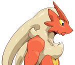  artist_name beak blaziken blonde_hair blue_eyes blush body_fur closed_mouth colored_sclera commentary dated from_side light_blush long_hair pokemon pokemon_(creature) profile red_fur signature simple_background two-tone_fur upper_body white_background yellow_fur yellow_sclera zen_migawa 