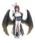  1girl absurdres bangs black_choker black_hair black_wings blue_archive blue_shorts blush breasts choker closed_mouth covered_nipples dodok_(gj77230) feathered_wings full_body hair_between_eyes halo hasumi_(blue_archive) hasumi_(gym_uniform)_(blue_archive) highres holding holding_pen huge_breasts jacket large_wings long_bangs long_hair long_sleeves looking_at_viewer low_wings partially_unzipped pen ponytail red_eyes shoes shorts simple_background sneakers socks solo track_jacket very_long_hair white_background white_socks wings 