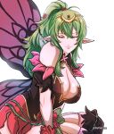  1girl absurdres bare_shoulders breasts butterfly_wings cleavage_cutout clothing_cutout double-parted_bangs fire_emblem fire_emblem_heroes flower green_hair hair_between_eyes highres insect_wings large_breasts pointy_ears ponytail rose sierra117renner simple_background solo thighhighs tiara tiki_(adult)_(fire_emblem) tiki_(adult)_(resplendent)_(fire_emblem) tiki_(fire_emblem) twitter_username white_background wings 