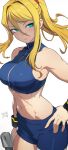  1girl abs blonde_hair blue_sports_bra breasts commentary green_eyes gun hata4564 highres holding holding_gun holding_weapon large_breasts long_hair looking_at_viewer metroid mole mole_under_mouth navel ponytail samus_aran shorts simple_background skin_tight solo sports_bra stomach weapon 