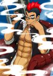  1boy abs bara draw_two ear_piercing earrings gun holding holding_gun holding_weapon jewelry kill_la_kill kinagase_tsumugu male_focus muscular muscular_male piercing school_uniform short_hair sideburns sitting smoke smoking thick_eyebrows unbuttoned weapon 