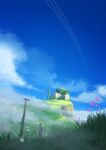  1other blue_sky cloud commentary_request contrail dated day field flower from_behind grass highres landscape original outdoors pink_flower pochi_(poti1990) ruins scenery signature sky solo tree utility_pole very_wide_shot white_flower 