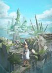  1girl absurdres amiya_(arknights) animal_ears arknights bare_legs bird black_footwear blue_cloak blue_sky brown_hair building cloak cloud commentary facing_away frpr3284 full_body highres long_hair moss rabbit_ears rabbit_girl ruins scenery sky solo submerged very_long_hair wind wind_lift 