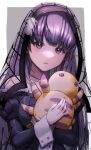  1girl absurdres aduti_momoyama bare_shoulders black_dress closed_mouth commentary_request dress fingernails fire_emblem fire_emblem:_the_binding_blade fire_emblem_heroes hair_ornament halloween halloween_costume highres holding holding_stuffed_toy long_hair looking_at_viewer off_shoulder official_alternate_costume purple_eyes purple_hair purple_nails solo sophia_(fire_emblem) sophia_(halloween)_(fire_emblem) spider_hair_ornament spider_web_print stuffed_spider stuffed_toy veil 