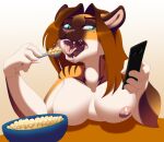  2023 2d_(artwork) 5_fingers accidental_vore ambiguous_gender anthro areola arm_support arm_tuft auburn_hair beauty_mark blue_eyes bowl breasts brown_body brown_fur canid canine cereal colored container countershade_torso countershading cutlery domestic_cat duo eating eating_food elbow_tuft extreme_size_difference eyebrows eyelashes eyeofcalamity fangs felid feline felis female female_focus fingers food fox fur gesture hair half-closed_eyes hi_res holding_object holding_phone holding_spoon humanoid_hands imminent_vore kitchen_utensils larger_female looking_aside mammal medium_breasts micro multicolored_body multicolored_fur narrowed_eyes nipples nude open_mouth orange_body orange_fur phone sabrina_(golderoug) sharp_teeth size_difference smaller_ambiguous solo_focus spoon stop_motion striped_body striped_fur stripes teeth tools tuft unaware_pred vore white_body white_fur yelling 