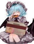  1girl ascot bat_wings blue_hair box brooch closed_eyes doughnut eating food hat highres holding holding_box jewelry mikan_(manmarumikan) mob_cap red_ascot remilia_scarlet shirt short_hair simple_background skirt skirt_set solo touhou white_background white_shirt white_skirt wings 