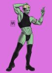  abs absurd_res armband blonde_hair boots clothing crop_top drawfee_(copyright) drawtectives ear_piercing footwear green_body green_skin gyorik_rogdul hair hi_res humanoid humanoid_pointy_ears legwear male muscular muscular_humanoid muscular_male mx._morgan_vivar navel orc piercing raised_arm shirt solo thigh_boots thigh_highs thong topwear underbite undercut underwear 