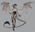  2019 2_horns anthro areola back_wings biped black_clothing black_hair black_leotard black_nose breasts brown_body claws clothed clothing cloven_hooves deer demon female frank-79 hair hooves horn jewelry leotard long_tail mammal membrane_(anatomy) membranous_wings necklace nipples partially_clothed short_hair simple_background solo spread_wings tail tail_tuft tuft unguligrade wings 