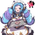  1boy 1girl :d ;d aatrox absurdres black_bow black_bowtie black_dress blush bow bowtie breasts colored_skin cone_hair_bun dress drill_hair fang gem green_hair grey_dress gwen_(league_of_legends) hair_bun hair_ornament hairclip heart highres holding large_breasts league_of_legends maid maid_headdress mittens monakan_japan multicolored_hair one_eye_closed open_mouth parted_bangs pink_eyes purple_hair red_skin scissors skin_fang smile thunder twin_drills twintails two-tone_hair 