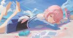  1girl absurdres barefoot beach blue_eyes blue_skirt blue_sky cloud cloudy_sky feet feet_up highres honkai:_star_rail honkai_(series) looking_at_viewer lycsakd lying march_7th_(honkai:_star_rail) multicolored_eyes on_stomach outdoors pink_eyes pink_hair shirt short_hair skirt sky soles solo starfish toes water white_shirt 