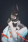  2:3 5_fingers acrador anthro armor balaclava blood bodily_fluids canid canine dark_body fangs fingers hi_res line_art long_ears male mammal mask nosebleed portrait shaded simple_background solo teeth thalislixeon white_armor yellow_eyes 