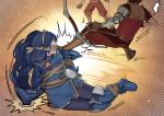  1girl 2boys bdsm blue_dress blue_footwear blue_hair bondage boots bound bound_legs bow_(weapon) cloth_gag commentary commission dress fire_emblem fire_emblem_awakening gag gagged hiomaika improvised_gag long_hair lucina_(fire_emblem) multiple_boys over_the_mouth_gag pants red_pants red_shirt rope shirt short_dress thigh_boots tiara weapon 