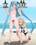  2girls :d ^_^ aqua_hair aqua_nails aruman assisted_exposure beach bikini bikini_pull black_bikini blonde_hair blue_eyes blue_sky blurry blurry_background blush bottle bow breasts censored closed_eyes clothes_pull cloud cocktail_glass collarbone colored_shoe_soles commentary cup double_v drinking_glass female_pubic_hair full_body furrowed_brow grin hair_bow hair_ornament hairband hairclip hands_up hatsune_miku high_heels highres holding holding_clothes holding_swimsuit holding_tray horizon kagamine_rin large_breasts long_hair looking_at_viewer mosaic_censoring multiple_girls navel nipples ocean on_one_knee outdoors paid_reward_available pubic_hair pulled_by_another pussy sandals sky small_breasts smile standing swept_bangs swimsuit topless towel_on_one_shoulder tray trembling twintails v variant_set very_long_hair vocaloid white_bow white_hairband wine_bottle 