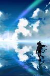  1girl absurdres cat cat_tail cloud facing_away full_body glint highres horizon long_sleeves original outdoors ratatatat74 reflection ripples solo tail walking walking_on_liquid water water_world 