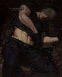  1boy abs belt black_belt black_gloves black_pants black_shirt blush brown_hair clothes_lift fingerless_gloves gloves highres holster large_pectorals leon_s._kennedy lying male_focus muscular muscular_male navel on_back pants parted_lips pectorals resident_evil resident_evil_4 resident_evil_4_(remake) shirt shirt_lift short_hair shoulder_holster solo thigh_holster twitter_username umikochannart 