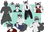  2022 5_fingers absurd_res anthro beastars black_bottomwear black_clothing black_eyes black_necktie black_nose black_pants black_shirt black_topwear blue_bottomwear blue_clothing blue_pants bottomwear canid canine canis cheek_tuft clothed clothing dew_(dewwydarts) dewwydarts dialogue english_text exclamation_point facial_tuft fingers fur green_bottomwear green_clothing green_pants grey_body grey_fur grey_hair hair hi_res legoshi_(beastars) male mammal multicolored_body multicolored_fur multiple_poses muscular muscular_anthro muscular_male necktie pants pose question_mark red_clothing red_shirt red_topwear scar shirt simple_background simple_eyes snout solo standing text text_on_clothing text_on_shirt text_on_topwear topless topless_anthro topless_male topwear tuft two_tone_body two_tone_fur white_body white_clothing white_fur white_shirt white_topwear wolf 