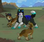  2012 aliasing ambiguous_gender beagle black_body black_fur blue_(bluekyokitty) blue_body blue_eyes blue_fur blue_inner_ear blue_nose blue_sky bluekyokitty brown_body brown_fur canid canine canis cel_shading day detailed_background digital_drawing_(artwork) digital_media_(artwork) digitigrade domestic_dog ear_piercing eye_contact facial_piercing feral floppy_ears fuchsia_(fuchsianess) fur grass grey_body grey_fur grey_sclera group head_tuft herding_dog hunting_dog husky lip_piercing lip_ring looking_at_another mammal mixed_breed mountain neckerchief nintendo nordic_sled_dog outside pastoral_dog pattern_kerchief pattern_neckerchief paws piercing plaid_kerchief plaid_neckerchief plant pokeball pokeball_earrings pokemon purple_eyes raised_tail ring_piercing scent_hound sebdoggo shaded sky spitz standing tail tan_body tan_fur tree trio tuft welsh_corgi white_body white_fur 