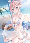 1girl bag bare_arms bare_shoulders barefoot basket beach beach_umbrella bikini blanket blue_archive blue_eyes blue_sky breasts brown_hair cleavage closed_mouth cloud cloudy_sky commentary_request cup day food hair_bun highres horizon large_breasts medium_breasts mimori_(blue_archive) mimori_(swimsuit)_(blue_archive) mug navel ocean official_alternate_costume outdoors palm_tree pink_hair sakura_hiyori sandwich sarong see-through signature single_side_bun sitting sky smile solo swimsuit tree twitter_username umbrella wariza water white_bikini 