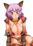  1girl adventurer_(ff11) animal_ear_fluff animal_ears breasts cat_ears cleavage covered_nipples final_fantasy final_fantasy_xi large_breasts light_purple_hair loincloth mithra_(ff11) navel neriwasabi purple_eyes short_hair simple_background sitting smile solo white_background 