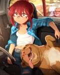  2girls belt breasts car_interior closed_mouth dog english_commentary glasses highres highway horns kanna_kamui khyle. kobayashi-san_chi_no_maidragon kobayashi_(maidragon) multiple_girls pants red_eyes red_hair shirt small_breasts twintails white_hair white_shirt 