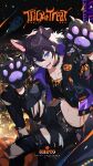  1boy 3000x4500 absurdres animal_ears animal_hands black_choker blue_eyes character_name choker dog_boy dog_ears dog_paws earrings gloves happy_halloween highres indie_virtual_youtuber jack-o&#039;-lantern jewelry male_focus navel open_mouth pants paw_gloves shoto_(vtuber) torn_clothes torn_pants trick_or_treat virtual_youtuber 