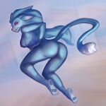  2023 4_toes anthro barefoot blue_body blue_fur blue_hair breasts butt ciel.chevalier clenched_teeth digital_media_(artwork) eyebrows fangs feet female ferrin fur genitals hair hi_res long_hair long_tail looking_at_viewer mammal nipples nude paws pupils purple_eyes pussy simple_background slit_pupils solo tail teeth the_drifter_(hyper_light_drifter) toes 