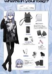  1girl backpack bag black_footwear black_jacket black_pants blue_eyes blue_hair boots cellphone chibi chibi_inset chihuri closed_mouth collared_shirt dress_shirt earbuds earphones earrings ende_(chihuri) english_text equipment_layout full_body hair_between_eyes hand_mirror hand_up highres jacket jewelry long_hair looking_at_viewer mirror multiple_views off_shoulder open_clothes open_jacket original pants phone print_shirt revision ring shirt smile speech_bubble standing stud_earrings translation_request white_shirt 