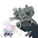  1girl armored_core armored_core_6 blue_archive chibi dress ha-t-102_juggernaut hair_bun halo mecha mika_(blue_archive) pink_hair punching robot science_fiction simple_background smoke solokov_(okb-999) v.iv_rusty wings 