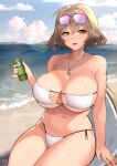  1girl :d ahoge anis_(nikke) arm_support bare_arms bare_shoulders beach bikini blue_sky breasts brown_hair can cloud commentary_request day eyepatch_bikini eyewear_on_head goddess_of_victory:_nikke highres holding holding_can jewelry juliet_november large_breasts long_sleeves looking_at_viewer navel ocean orange_eyes parted_lips pendant short_hair side-tie_bikini_bottom sitting sky smile solo stomach strapless strapless_bikini sunglasses swimsuit thighs water 