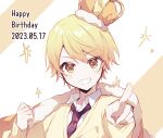  1boy blonde_hair cape cardigan clenched_hand collared_shirt commentary crown dated diagonal-striped_necktie double-parted_bangs fur-trimmed_cape fur_trim grin happy_birthday index_finger_raised kamiyama_high_school_uniform_(project_sekai) long_sleeves loose_necktie male_focus multicolored_hair multicolored_necktie necktie open_collar orange_cape orange_hair pink_background pointing pointing_at_viewer project_sekai qi7pi red_necktie school_uniform shirt smile sparkle sparkling_eyes symbol_in_eye tenma_tsukasa two-tone_background upper_body white_shirt yellow_cardigan yellow_eyes 