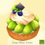  artist_logo artist_name blueberry chocolate commentary cream dessert english_commentary english_text food food_focus food_name fruit fruit_tart grapes no_humans original signature still_life tart_(food) yellow_background yuki00yo 