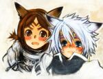  2girls adventurer_(ff11) animal_ears blue_eyes blush brown_eyes brown_hair cat_ears cat_girl circlet closed_mouth doraeshi facial_mark final_fantasy final_fantasy_xi frown hair_between_eyes mithra_(ff11) multiple_girls nose_blush open_mouth paladin_(final_fantasy) parted_bangs split_mouth upper_body whisker_markings white_hair 